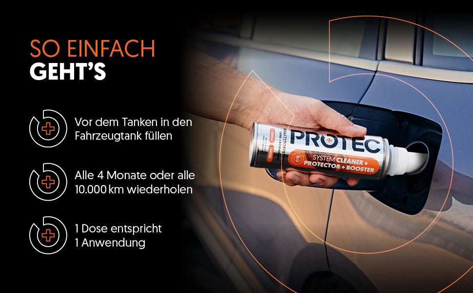 Banner "So einfach gehts" und PROTEC+ Diesel System Cleaner+Protector+Booster im Tankstutzen