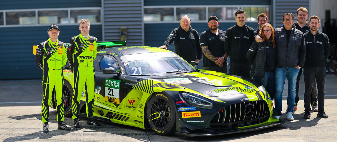 Erfahrungsbericht Lausitzring Testtag mit Rennwagen neonfarbenem Rennwagen und Fahrern in Rennanzügen vor der Garage 
