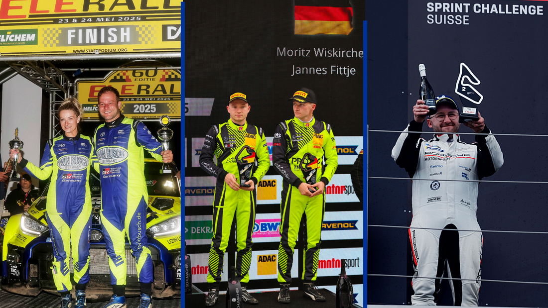 Drei Bilder von Rennfahrern in Rennanzügen bei Rallye- und Sprint Challenge Siegerehrungen